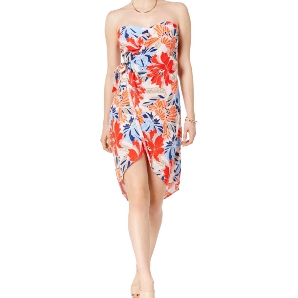 High low strapless floral wrap dress